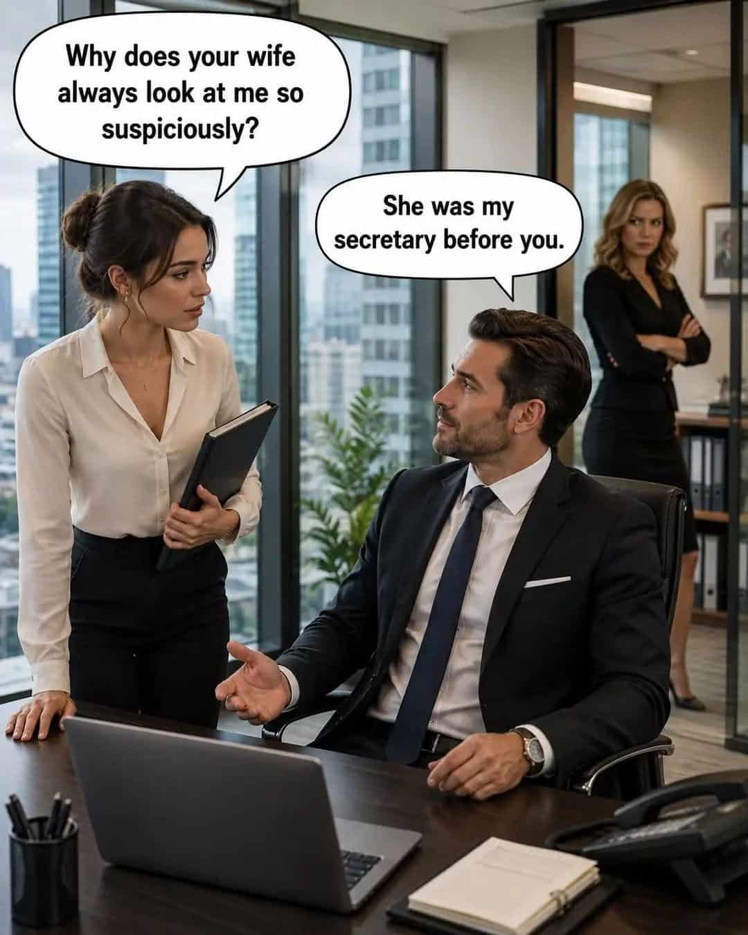 Man in a suit sitting at desk talking to a woman holding a folder while another woman looks on suspiciously in the background in an office setting.