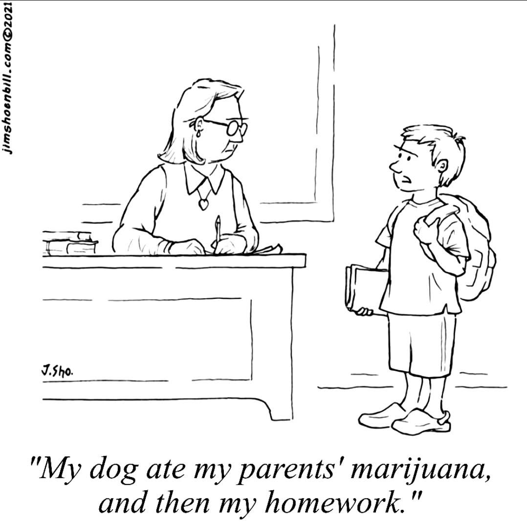 A boy speaking to a teacher behind a desk, explaining his homework excuse involving his dog and marijuana.