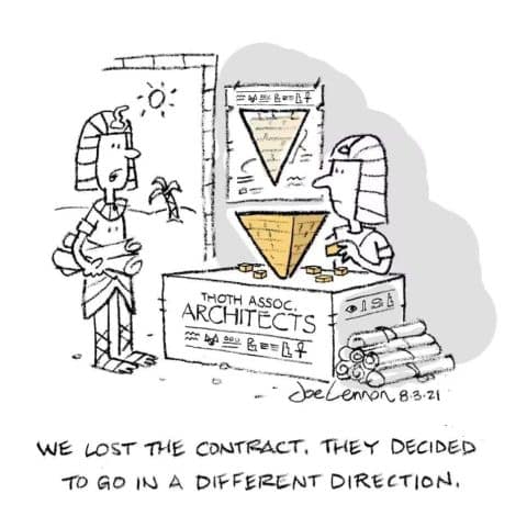 Two Egyptian architects discussing a project at their desk labeled 'Thoth Assoc Architects' with an upside-down pyramid drawing shown.