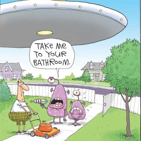 Two purple aliens standing on a sidewalk in a suburban yard near a man mowing grass with a lawnmower; a large UFO hovers above and one alien says, 'TAKE ME TO YOUR BATHROOM.'