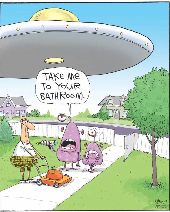 Two purple aliens standing on a sidewalk in a suburban yard near a man mowing grass with a lawnmower; a large UFO hovers above and one alien says, 'TAKE ME TO YOUR BATHROOM.'
