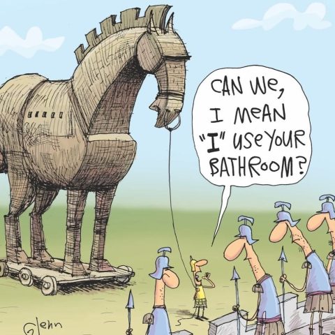 Cartoon of the Trojan Horse guarded by Roman soldiers. A small person beside the horse says, 'Can we, I mean I use your bathroom?'
