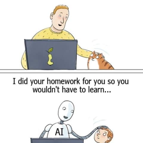 Two scenes: first, a man pets a cat and says he bought food so the cat doesn't have to catch mice; second, a robot labeled AI pets a kid and says it did the homework so the kid doesn't have to learn.