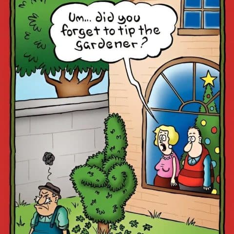 A cartoon of a grumpy gardener holding shears walking away from a bush shaped like a middle finger, with two shocked homeowners looking out a window.