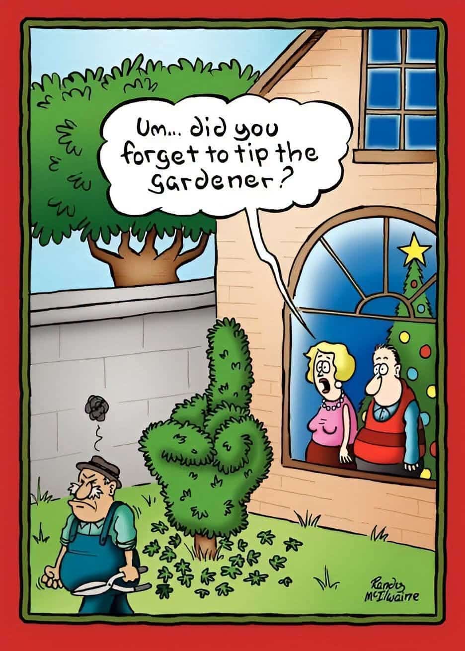 A cartoon of a grumpy gardener holding shears walking away from a bush shaped like a middle finger, with two shocked homeowners looking out a window.