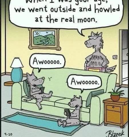 Three wolves in a living room: one standing and speaking, two sitting on a couch and floor with one holding a smartphone.