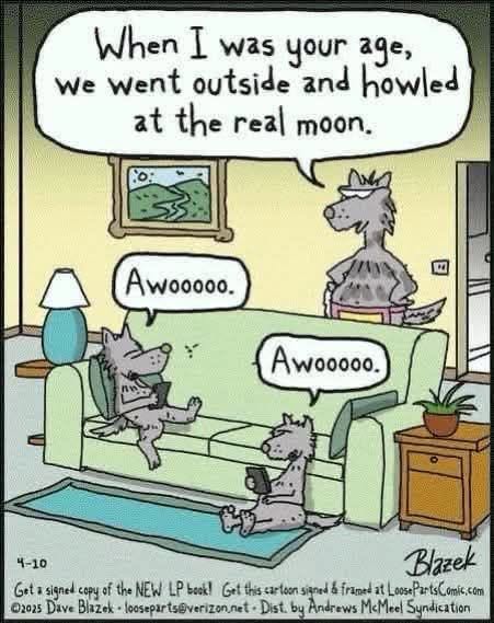 Three wolves in a living room: one standing and speaking, two sitting on a couch and floor with one holding a smartphone.