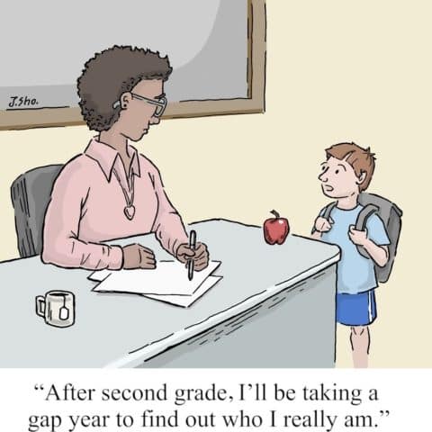 A boy with backpack standing at a teacher's desk, telling her he plans a gap year after second grade; teacher listens with pen in hand, apple and coffee mug on desk.