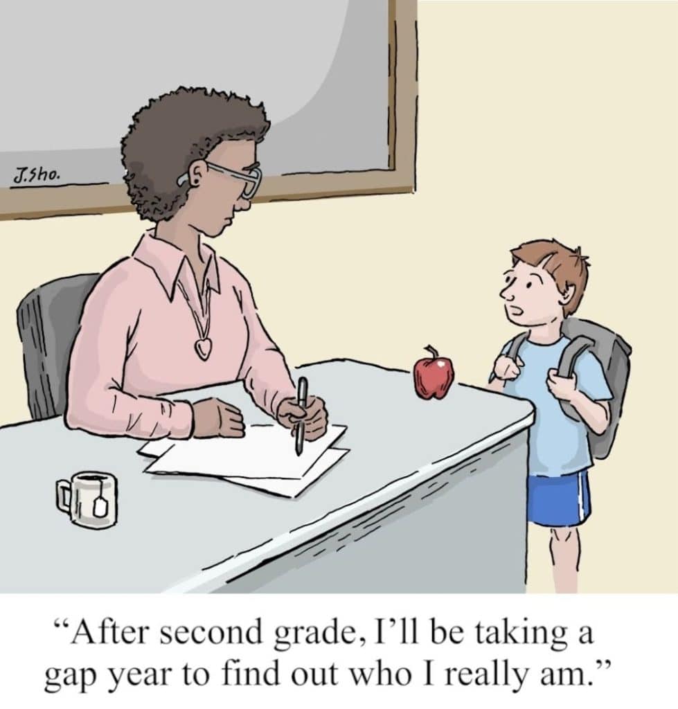 A boy with backpack standing at a teacher's desk, telling her he plans a gap year after second grade; teacher listens with pen in hand, apple and coffee mug on desk.