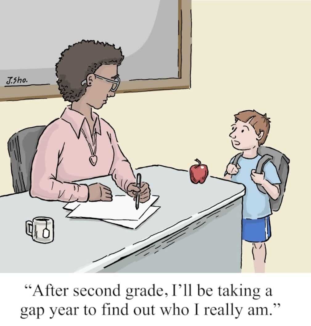 A boy with backpack standing at a teacher's desk, telling her he plans a gap year after second grade; teacher listens with pen in hand, apple and coffee mug on desk.