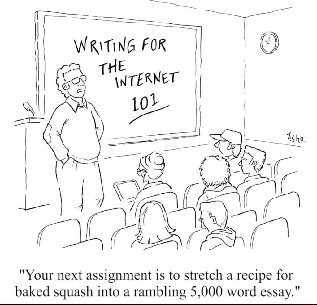 Black and white cartoon of a man teaching a class titled 'Writing for the Internet 101' with a caption about stretching a baked squash recipe into a 5,000 word essay.
