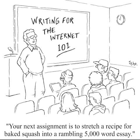 Black and white cartoon of a man teaching a class titled 'Writing for the Internet 101' with a caption about stretching a baked squash recipe into a 5,000 word essay.