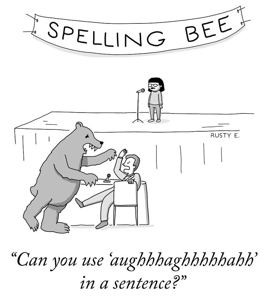 A person nervously sitting at a table with a bear raising its paws near him, below a stage with a child and a banner saying 'SPELLING BEE'.