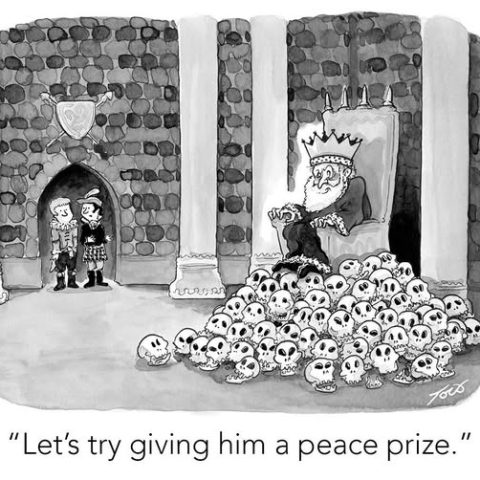 A medieval king with a crown and beard sits on a throne surrounded by a large pile of skulls. Two advisors stand nearby, observing the scene.