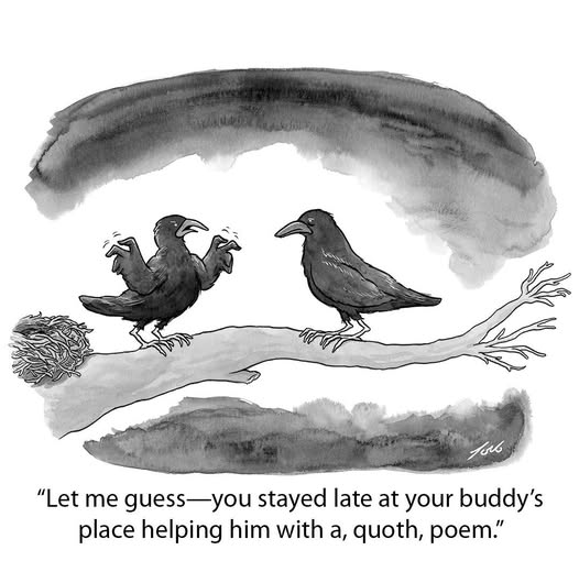 Two crows on a tree branch, one crow gesturing dramatically while the other listens, with a nest nearby and dark clouds in the background.