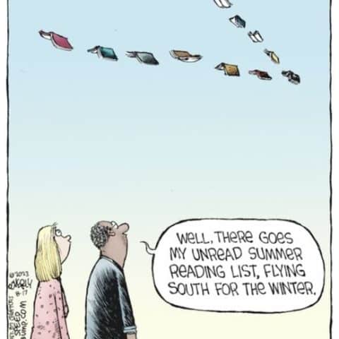 A man and woman looking up at a flock of flying books in the sky, with the man commenting on his unread summer reading list flying away.