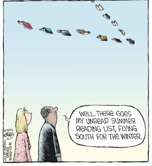 A man and woman looking up at a flock of flying books in the sky, with the man commenting on his unread summer reading list flying away.