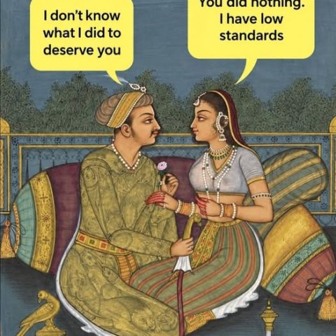 A classical painting of a royal couple sitting close on cushions, the man holding a flower and speaking, the woman replying with a smirk, both with yellow speech bubbles containing humorous dialogue.