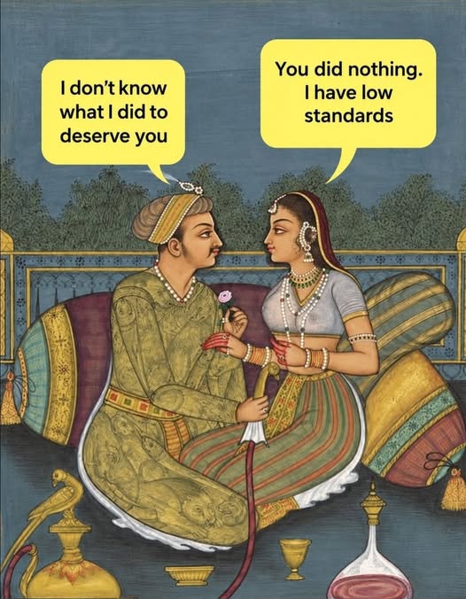 A classical painting of a royal couple sitting close on cushions, the man holding a flower and speaking, the woman replying with a smirk, both with yellow speech bubbles containing humorous dialogue.