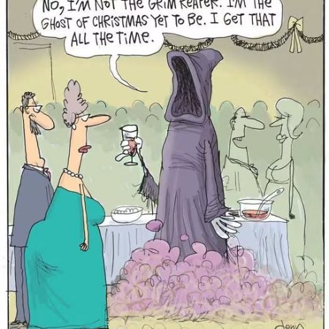A hooded ghost figure surrounded by mist speaking to a surprised woman holding a glass at a party buffet, denying being the Grim Reaper.