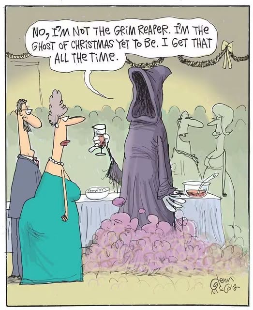 A hooded ghost figure surrounded by mist speaking to a surprised woman holding a glass at a party buffet, denying being the Grim Reaper.