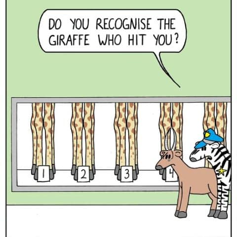 Cartoon showing four sets of giraffe legs numbered 1 to 4 behind glass, a giraffe standing in front with a zebra dressed as a police officer beside it asking a question.