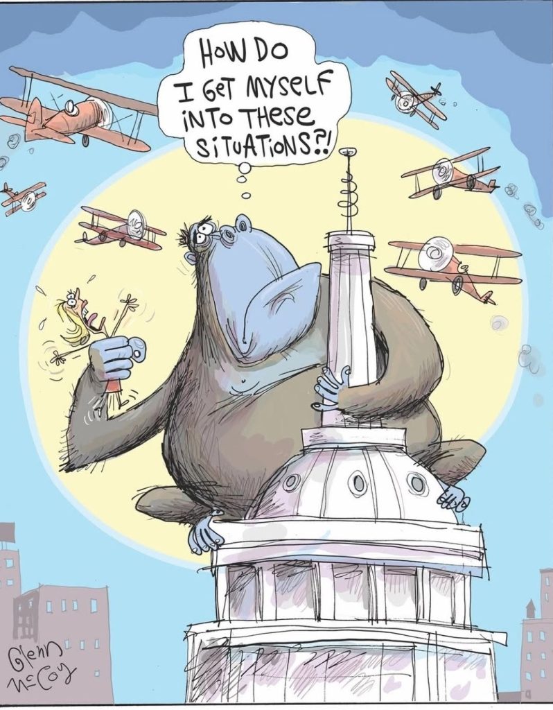 A large gorilla sitting on top of a dome skyscraper holding a frightened woman, surrounded by six biplanes flying around it, with a thought bubble saying 'How do I get myself into these situations?!'.