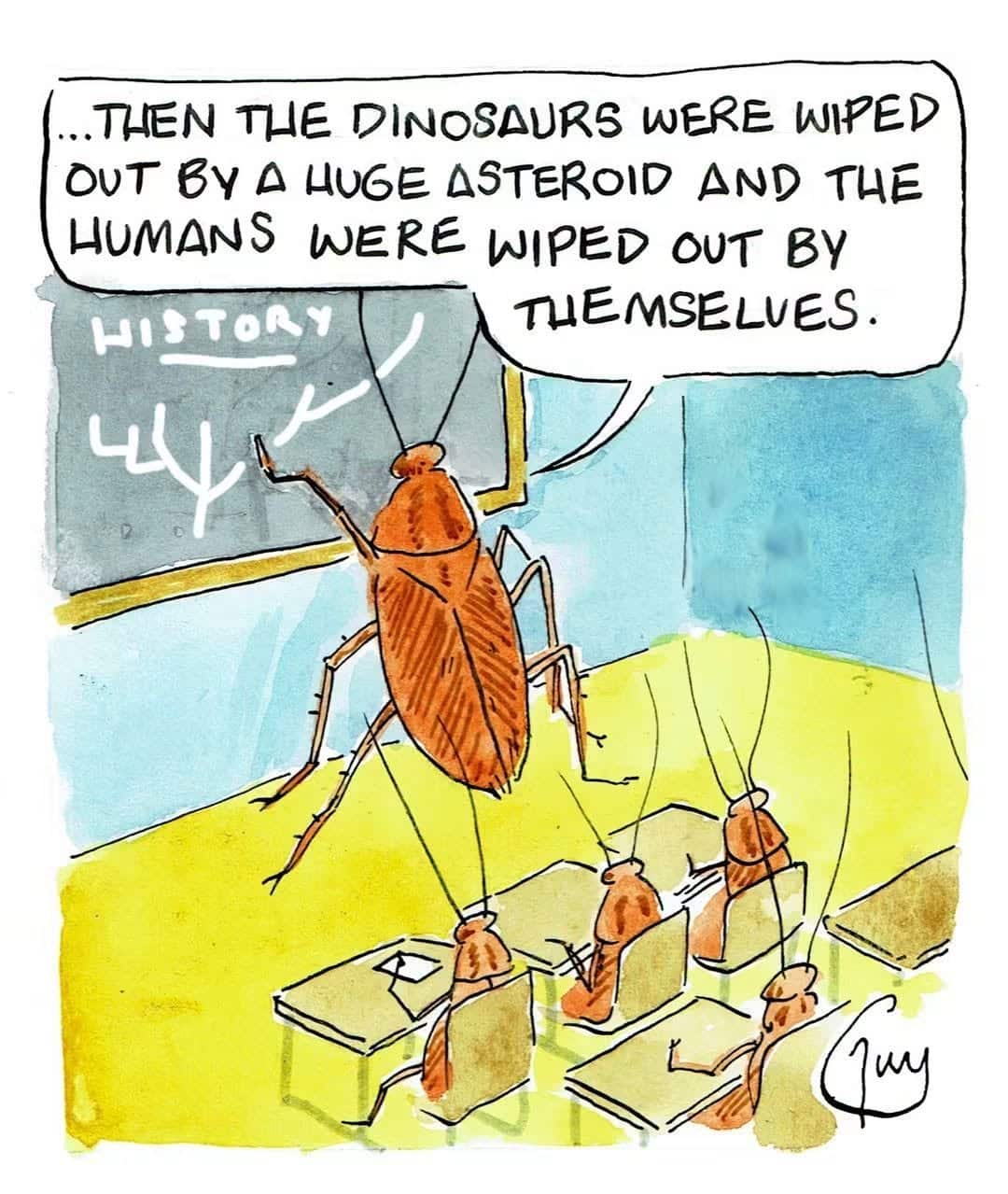Cartoon of a large cockroach teaching smaller cockroaches in a classroom with a blackboard labeled HISTORY.