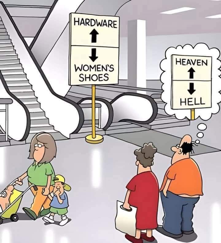 A cartoon in a mall with two escalators and a sign pointing up for hardware and down for women's shoes. A woman pushes a stroller with a child, and a man and older woman stand looking at the sign. The man imagines a sign with heaven above and hell below.