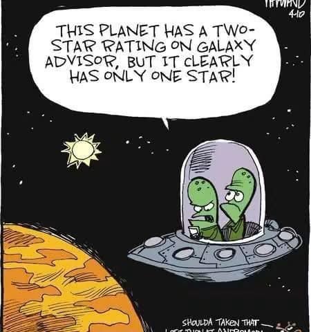 Two green aliens in a flying saucer near a planet, one reading a device and complaining about the planet's low star rating on Galaxy Advisor.