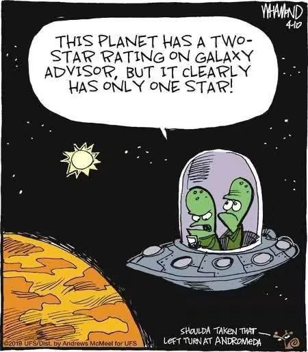 Two green aliens in a flying saucer near a planet, one reading a device and complaining about the planet's low star rating on Galaxy Advisor.