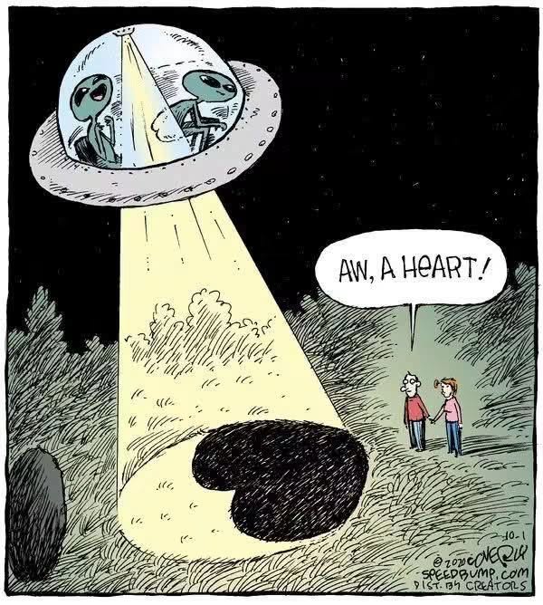 Two aliens inside a UFO shine a spotlight down onto a heart-shaped crop circle, while a couple nearby notices and comments on the heart shape.