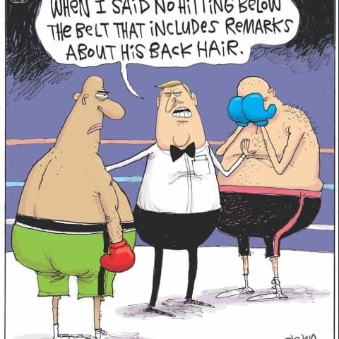 Cartoon of two boxers and a referee in a boxing ring. The referee tells one boxer not to make remarks about the other's back hair, implying it counts as hitting below the belt.