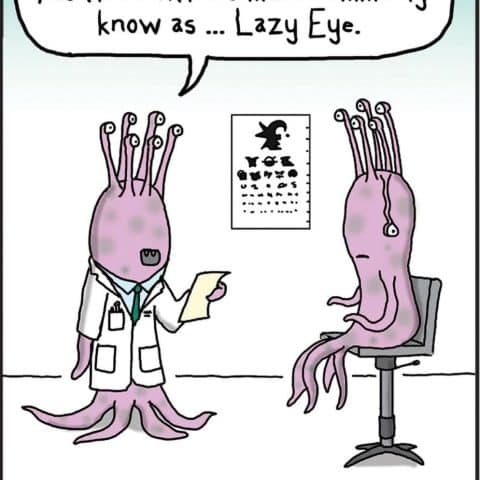 Two purple alien creatures with multiple eyes in an eye doctor's office. One is a doctor holding a paper, and the other is a patient with one eye pointing in a different direction. Eye chart with strange symbols on the wall.
