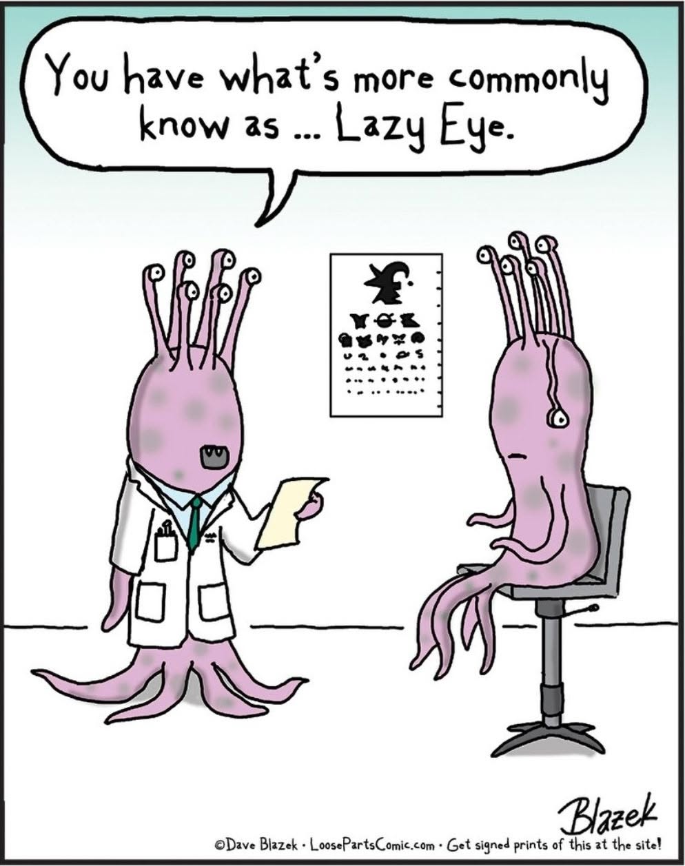 Two purple alien creatures with multiple eyes in an eye doctor's office. One is a doctor holding a paper, and the other is a patient with one eye pointing in a different direction. Eye chart with strange symbols on the wall.