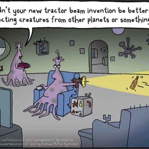 Two alien creatures with multiple limbs in a living room. One alien sits in a blue chair holding a futuristic device that shines a yellow beam, pulling a beer bottle across the room. The other alien stands nearby holding a book. The room has abstract decorations and a window showing a blue planet and moon outside.