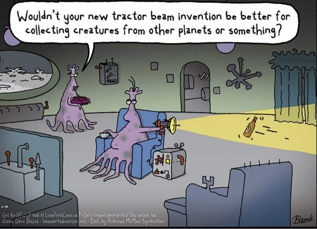 Two alien creatures with multiple limbs in a living room. One alien sits in a blue chair holding a futuristic device that shines a yellow beam, pulling a beer bottle across the room. The other alien stands nearby holding a book. The room has abstract decorations and a window showing a blue planet and moon outside.