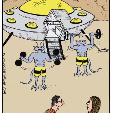 Two muscular aliens lifting weights in front of their UFO shaped like a gym, watched by two humans.