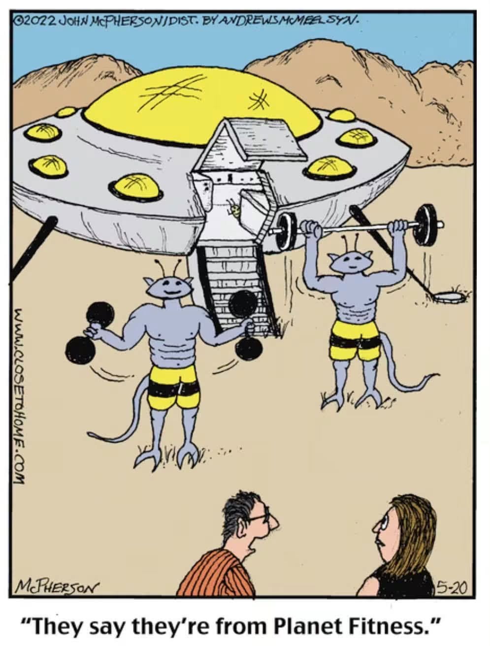 Two muscular aliens lifting weights in front of their UFO shaped like a gym, watched by two humans.