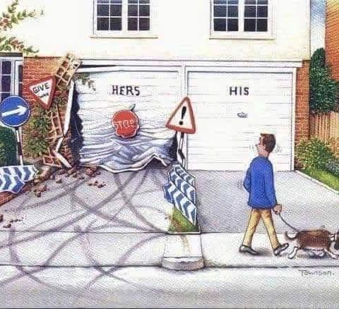Two adjacent garages labeled 'Hers' and 'His'. The 'Hers' garage door is heavily damaged with a crashed wall and scattered bricks, surrounded by multiple road signs and tire marks. The 'His' garage door is pristine. A man walks a dog past the garages on the sidewalk.