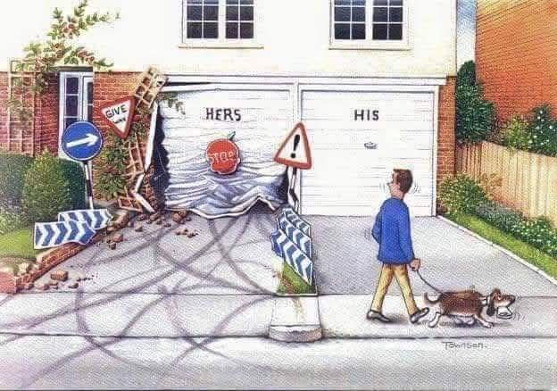 Two adjacent garages labeled 'Hers' and 'His'. The 'Hers' garage door is heavily damaged with a crashed wall and scattered bricks, surrounded by multiple road signs and tire marks. The 'His' garage door is pristine. A man walks a dog past the garages on the sidewalk.
