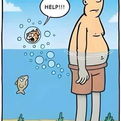 Cartoon of a large man standing in water up to his waist with a goldfish trapped inside a bubble next to his belly calling for help, another fish looks on below.