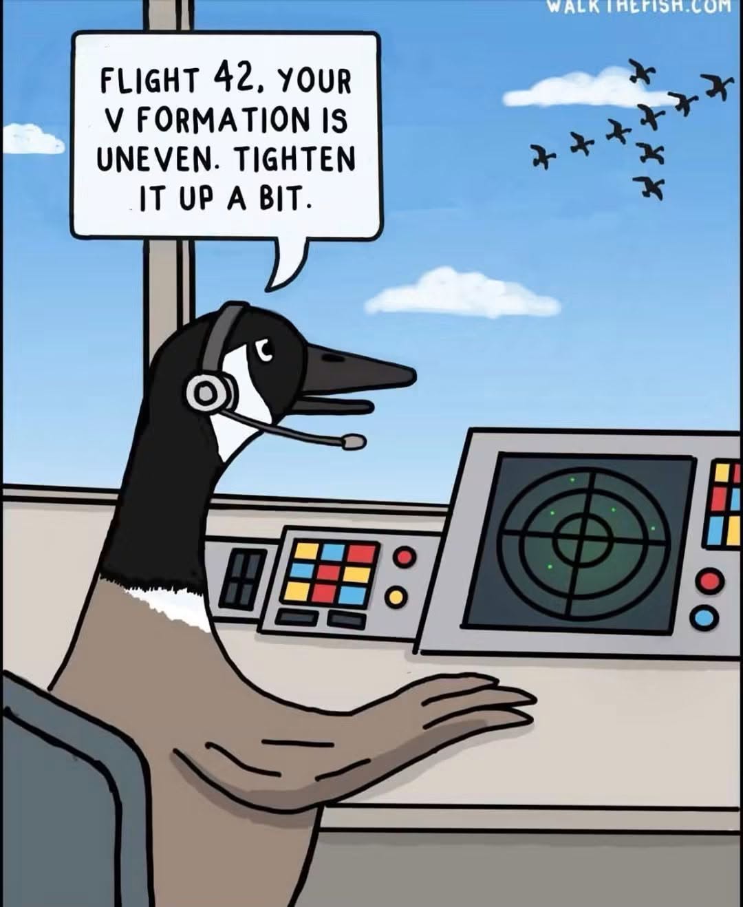 Cartoon of a goose with a headset sitting at a control panel with radar, speaking about a V formation of flying birds.