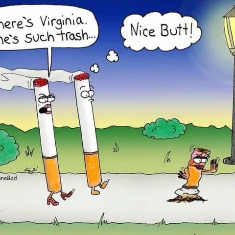 Two anthropomorphic cigarettes walking on a path with thought bubbles, and a cigarette butt on the ground near a lamp post, also with a thought bubble.