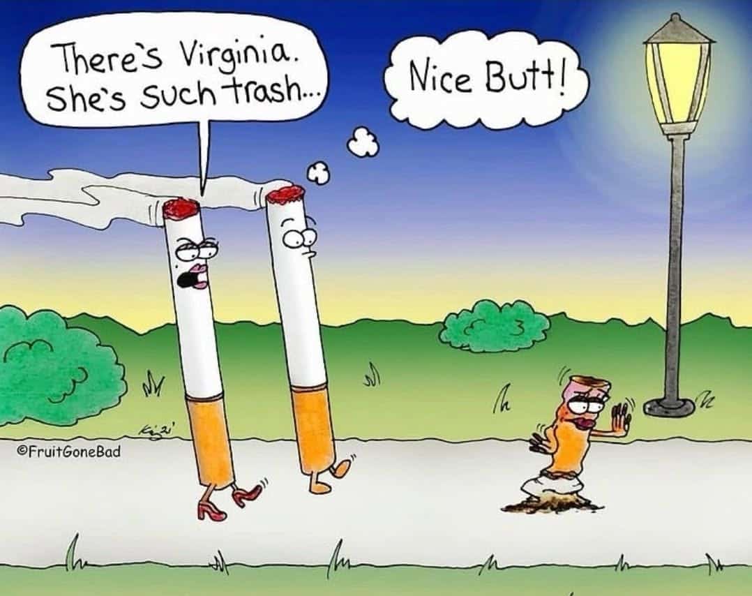 Two anthropomorphic cigarettes walking on a path with thought bubbles, and a cigarette butt on the ground near a lamp post, also with a thought bubble.