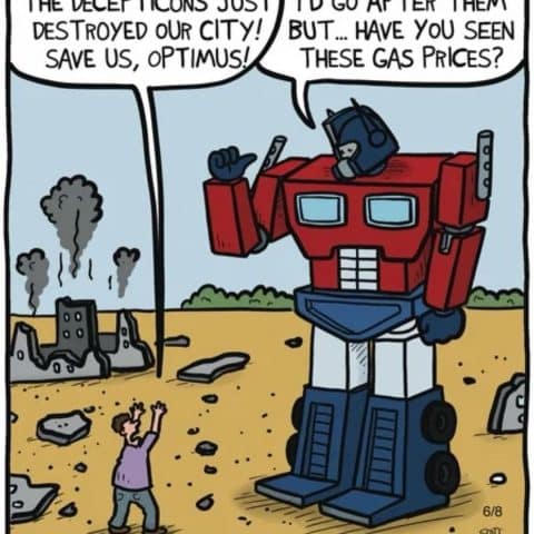 Optimus Prime standing in a ruined city with a person pleading for help. Optimus raises his hand and mentions high gas prices as a reason not to fight.
