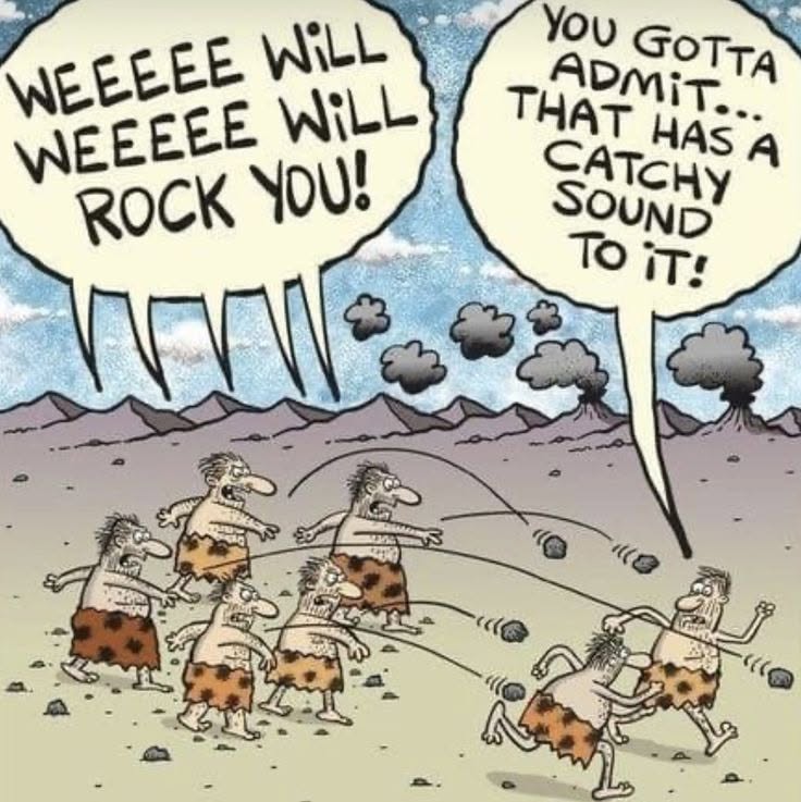 Cavemen wearing animal skins enthusiastically throwing rocks and shouting song lyrics in a prehistoric landscape with smoke clouds in the background.