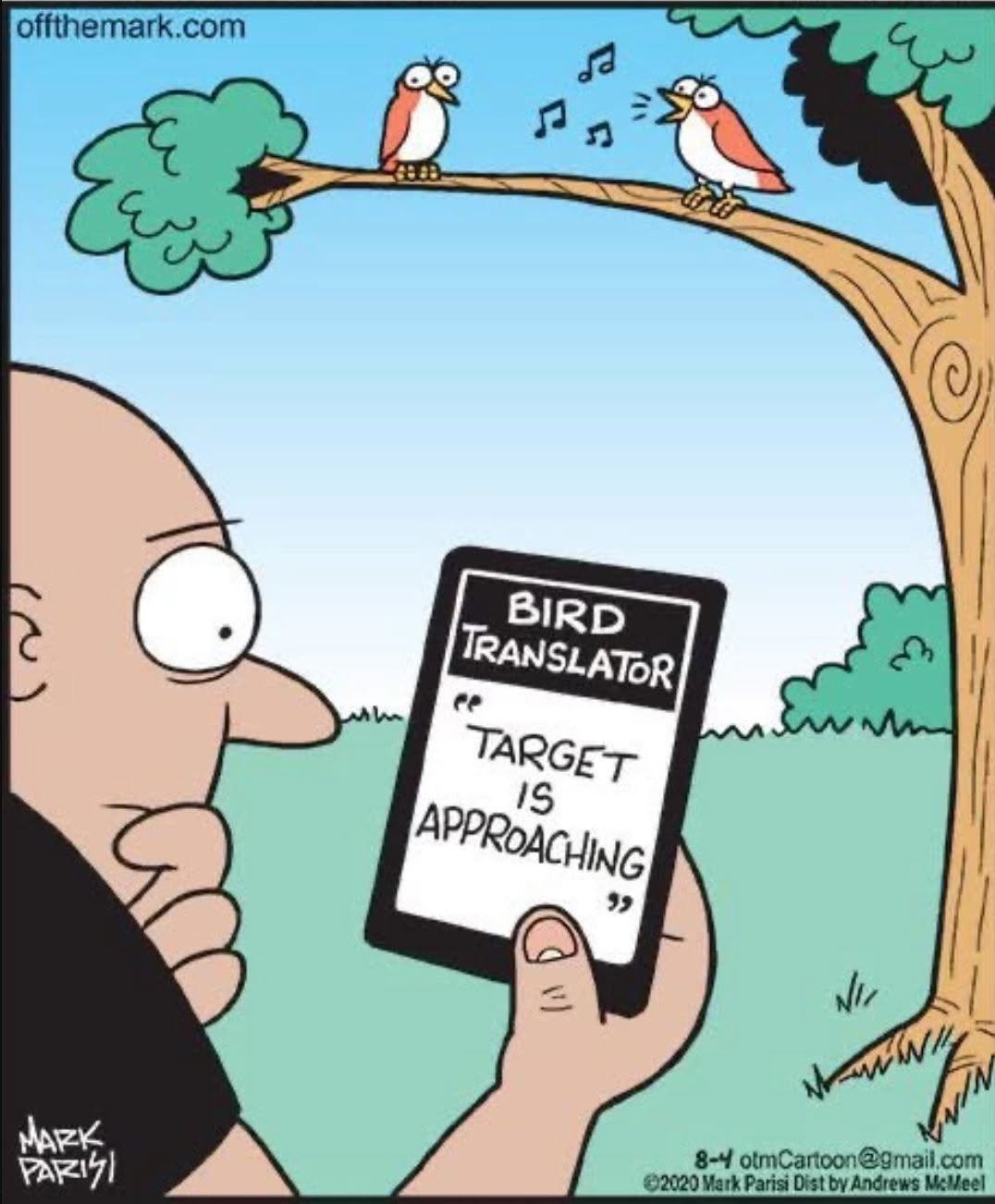 Cartoon of a bald man holding a device showing 'Bird Translator: Target is Approaching' while two birds sit on a tree branch, one singing musical notes.