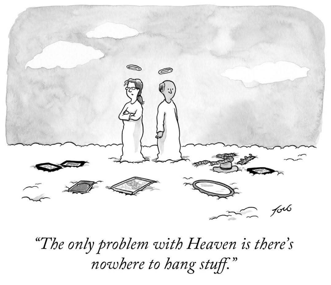 Two angels with halos standing on clouds, surrounded by picture frames lying flat on the clouds; one angel looks annoyed, the other smiles slightly.