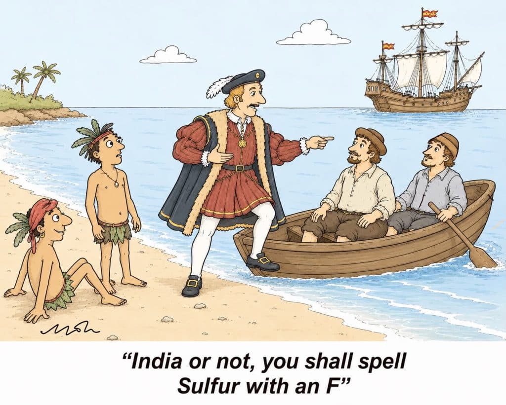 An explorer in period clothes gesturing at indigenous people on a beach and two rowers in a boat with a sailing ship in the background, captioned about spelling sulfur with an F.